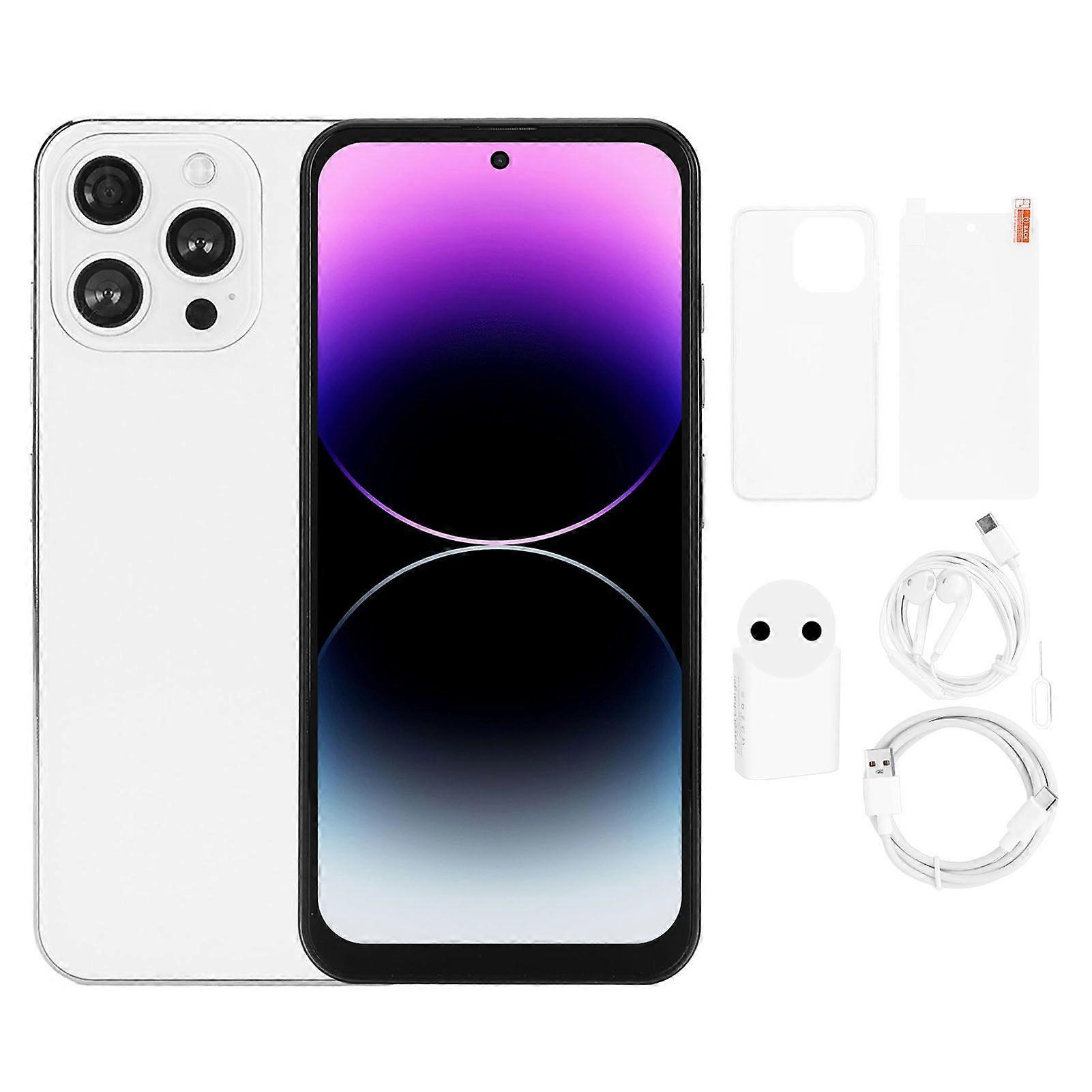 I14 PRO MAX 6.7in Face Unlocked Smartphone Perforated Screen 4G Network 2.4GHz 5GHz WiFi 8GB RAM 256GB ROM Dual SIM Dual Standby 100240V White EU Plug