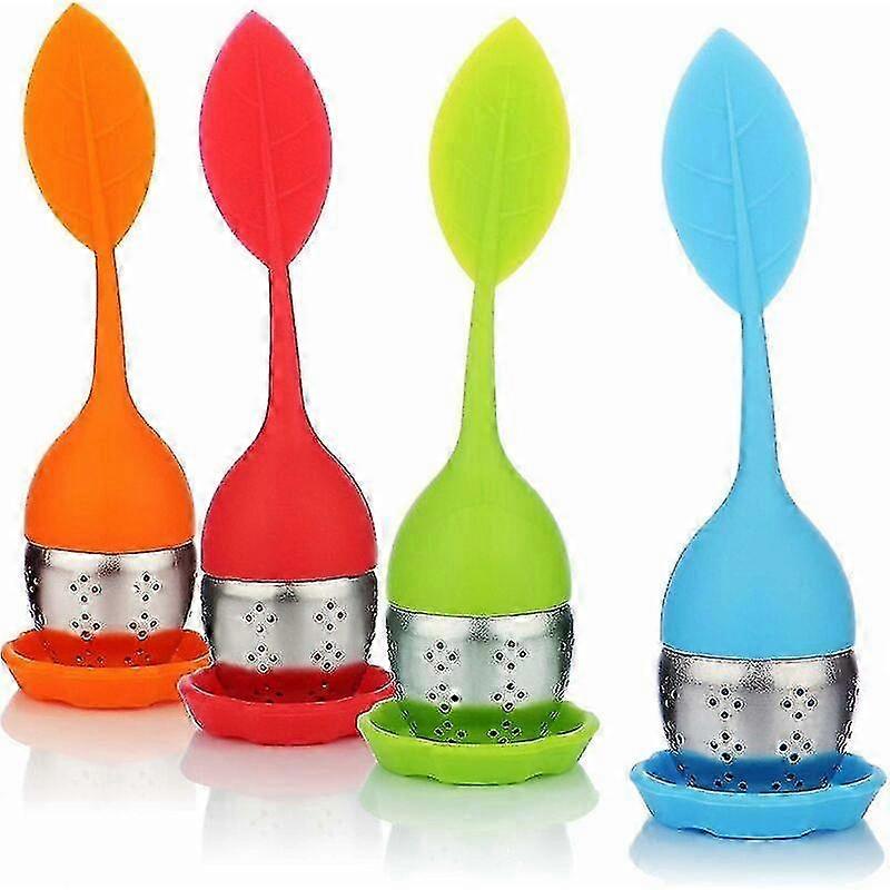 Set of 4 Tea Infusers in Green Orange Blue and Red with Stainless Steel and Silicone Construction featuring a Lid and Saucer 26s