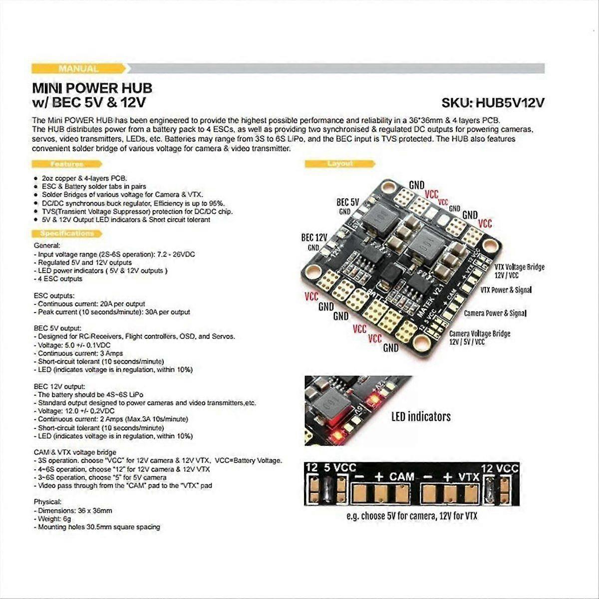 For Matek Mini Power Hub Power Distribution Board PDB with BEC 5V 12V