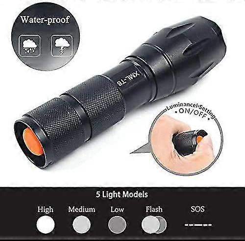 Led Flashlight  Rechargeable Flashlight 5 Modes Waterproof Zoomable Adjustable Focus, Tactical Flashlight
