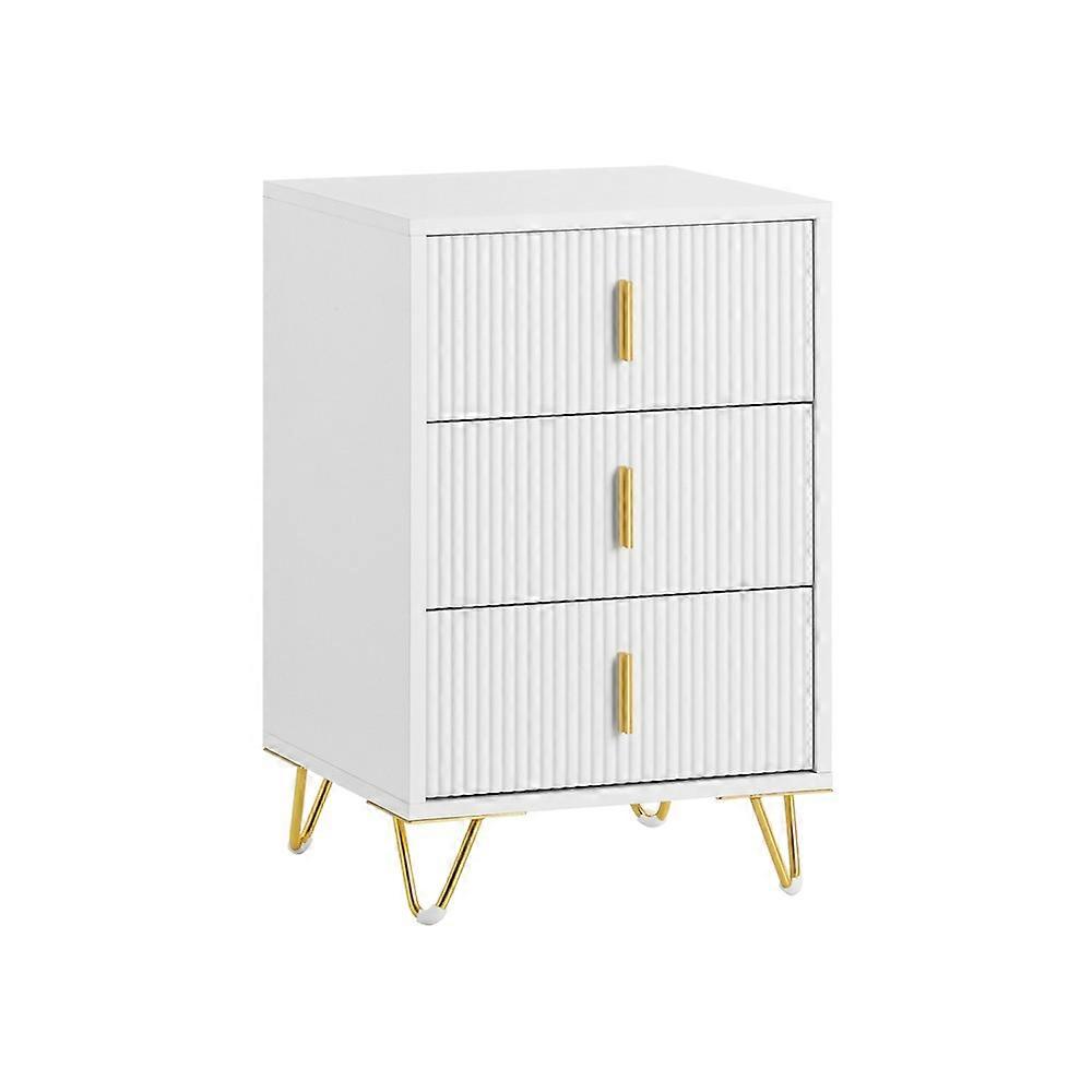 SoBuy FBT115-L-W, stolik nocny z 3 szufladami stolik nocny szafka nocna komoda stolik nocny ze złotymi metalowymi nogami i uchwytami do sypialni