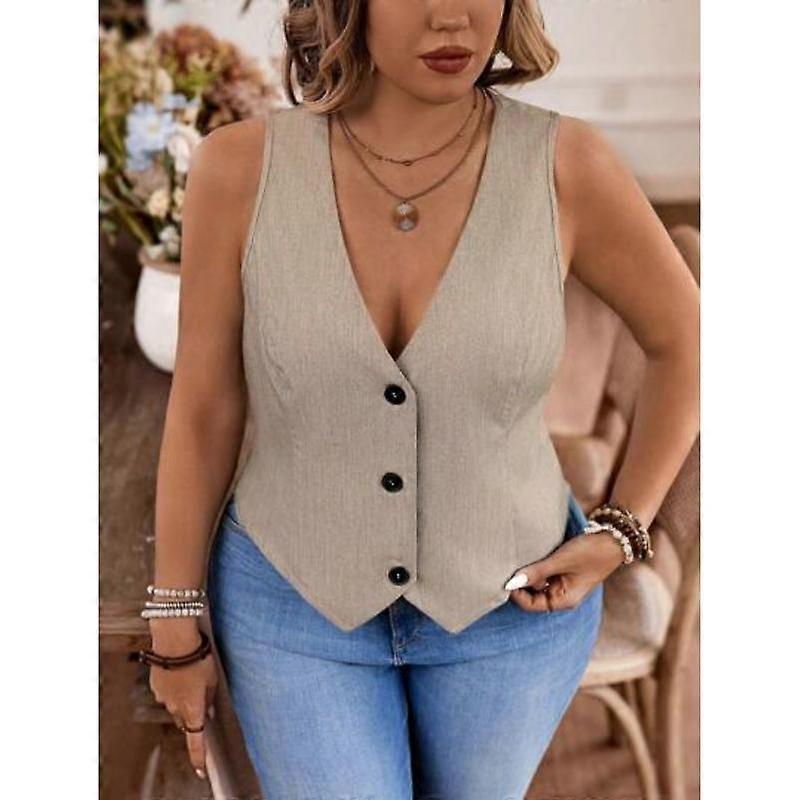 Plus Size Solid Color Front Button Suit Vest Sleeves