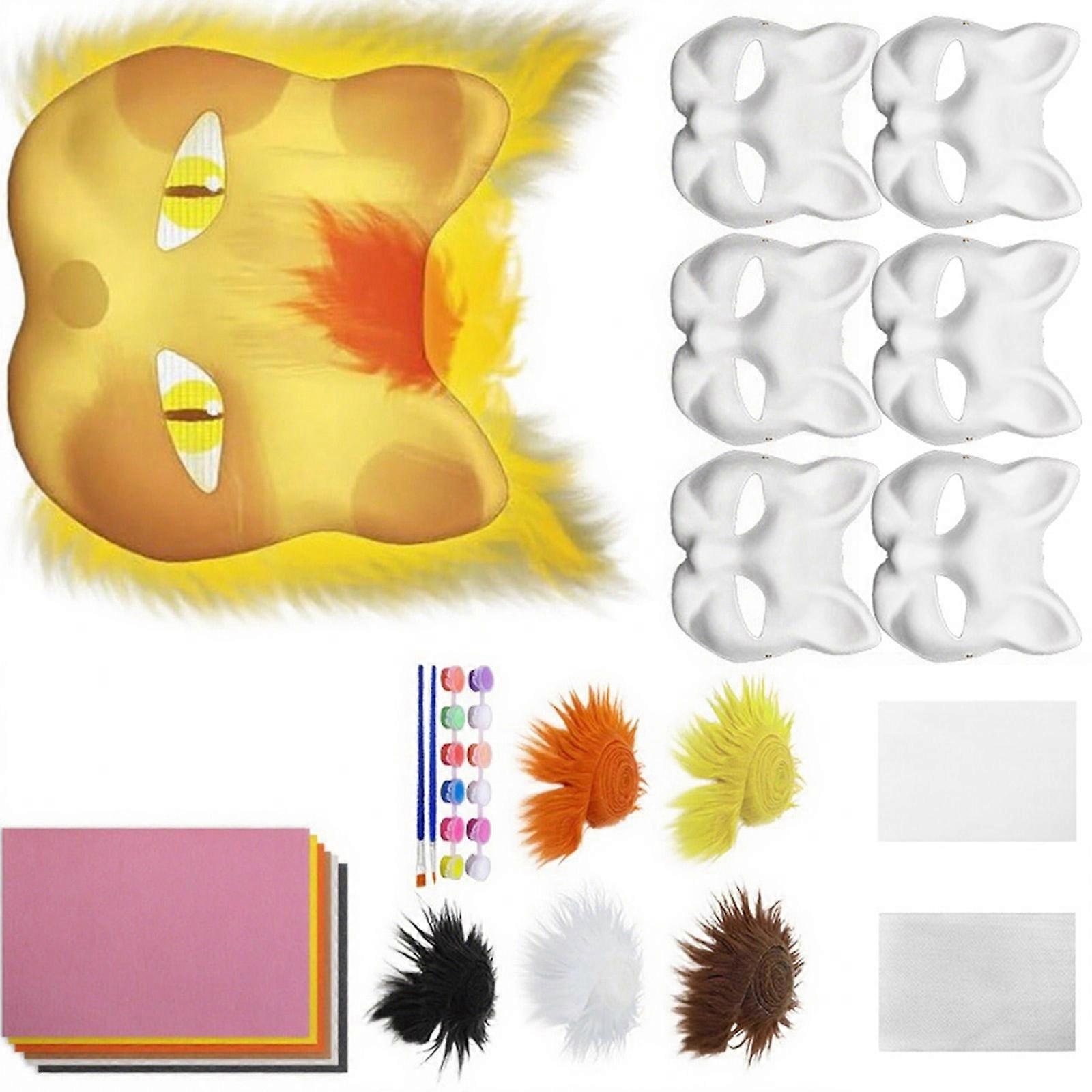 Therians Mask with Furs,Eye Mesh,DIY Blank White Paper Half Face Mask to Paint,Cats Nask for Halloween Cosplay Party Multicolor