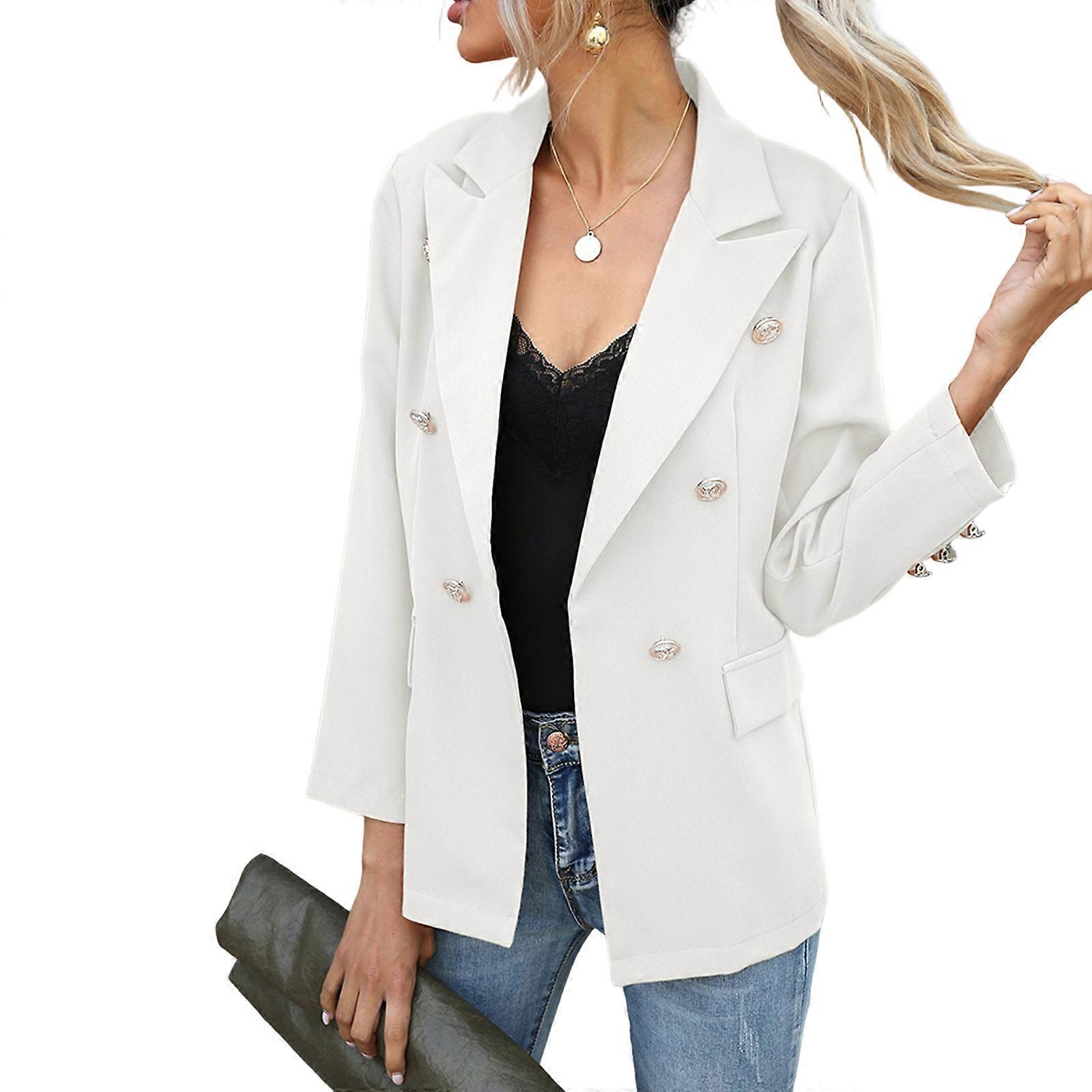 Women's casual long-sleeved suit jacket with gold buttons, suitable for work occasions  White XL