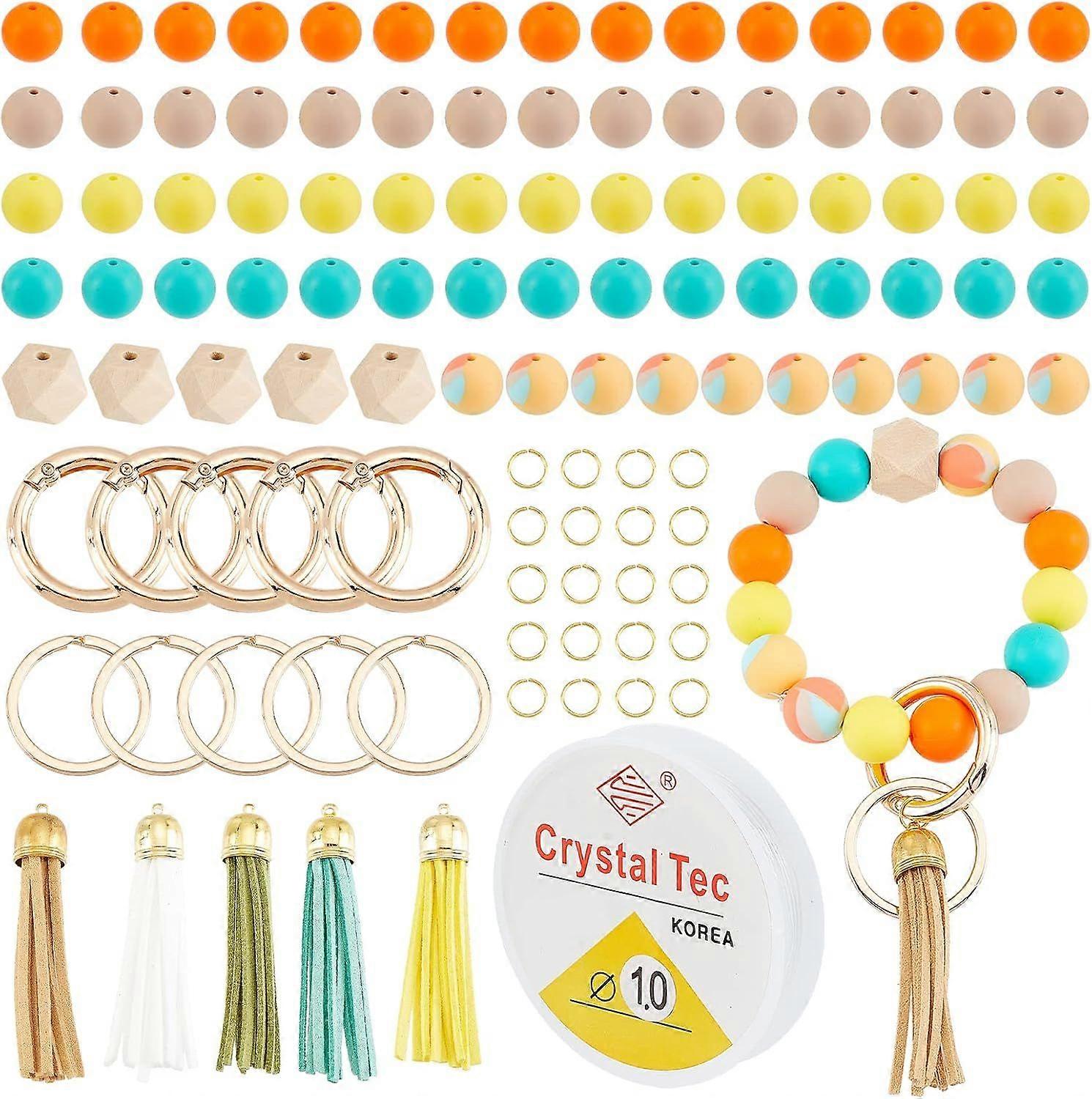 111Pcs Silicone Beads Making kit Beaded Keychain Making Kit with Round Silicone Beads Brass Suede Tassels Split Key Ring Spring Gate Rings Elastic Thr