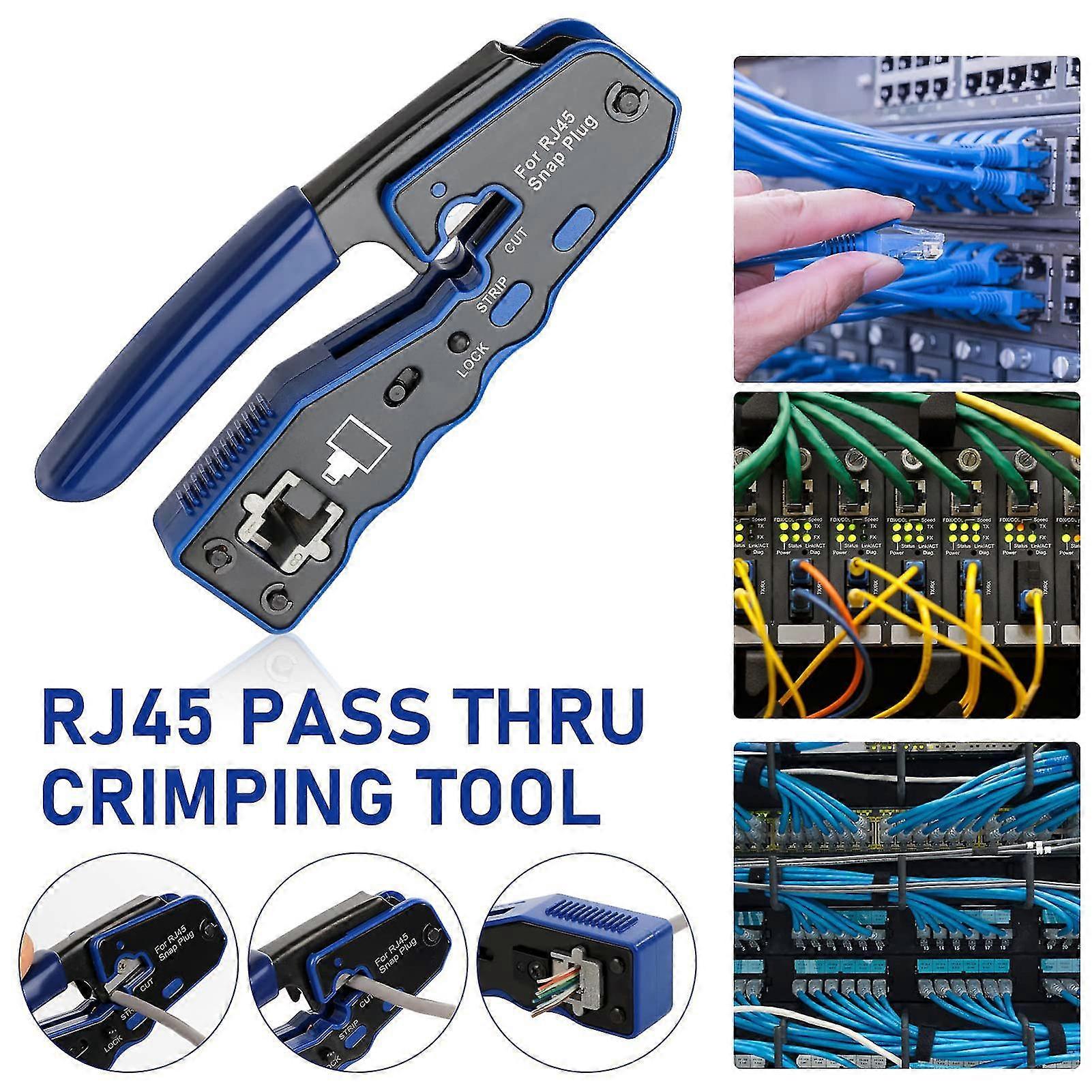 RJ45 Crimper and Wire Stripper Tool for Pass Through Ethernet Cable Connections