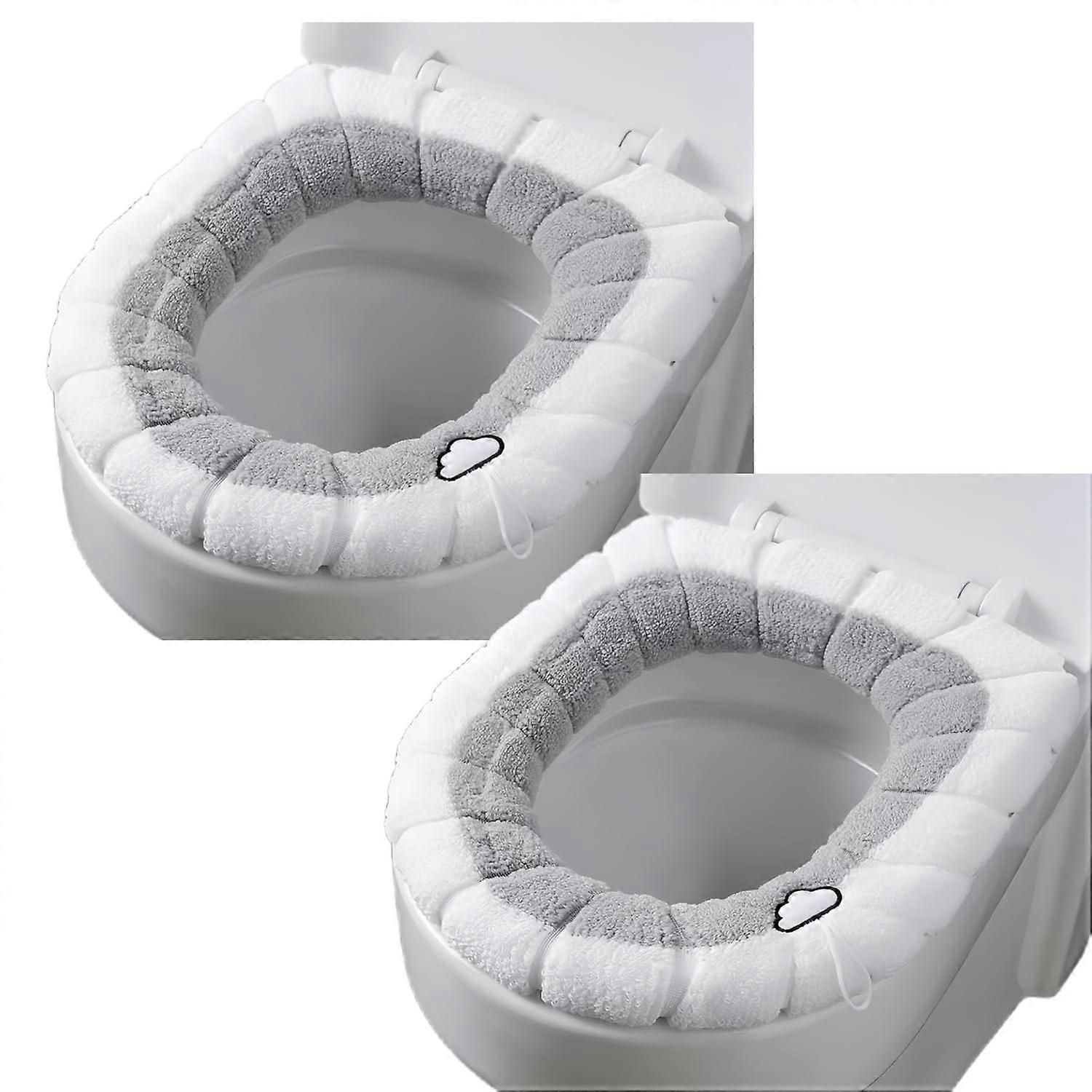 2Pcs Universal Warm Toilet Seat Cover Set with Soft Washable Pads for Winter Comfort Gray