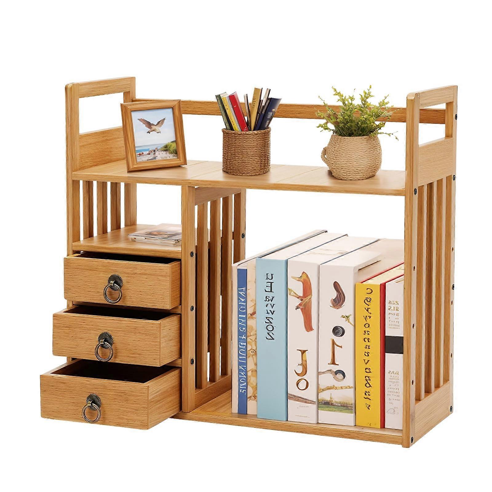Desktop Bookshelf Bamboo Desk Organizer with 3 Drawers Large Capacity Storage for Office and Home