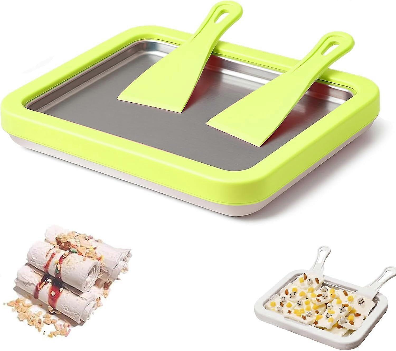 Rolled Ice Cream Maker Kit with Stainless Steel Instant Freeze Plate and 2 Scrapers, DIY Tray Green