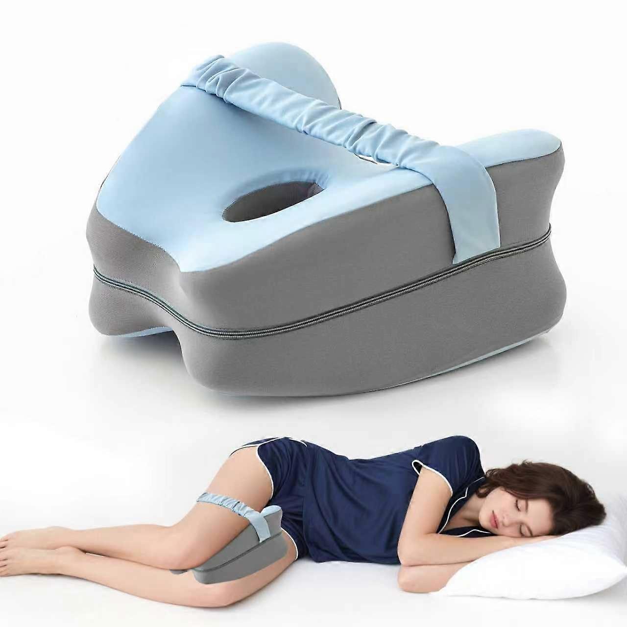 Memory Foam Knee Pillow for Side Sleepers with Cooling Ice Silk and Adjustable Strap, Butterfly Blue