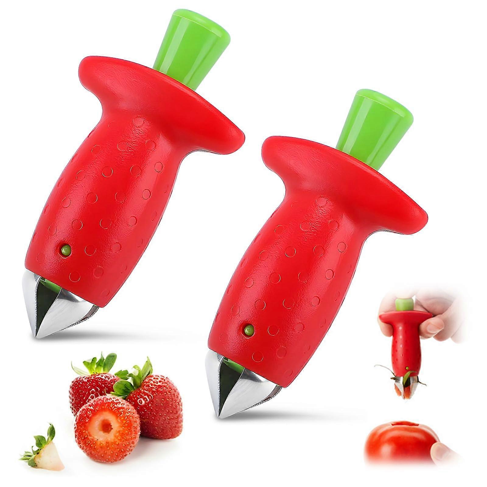 Strawberry Huller and Fruit Corer with Quick Stem Removal, Easy PushButton Stainless Steel Tool (2)