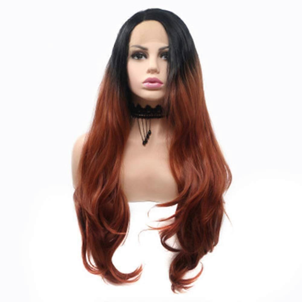 Long Curly Lace Front Wig with Bangs Gradient Red Heat Resistant Synthetic Wig