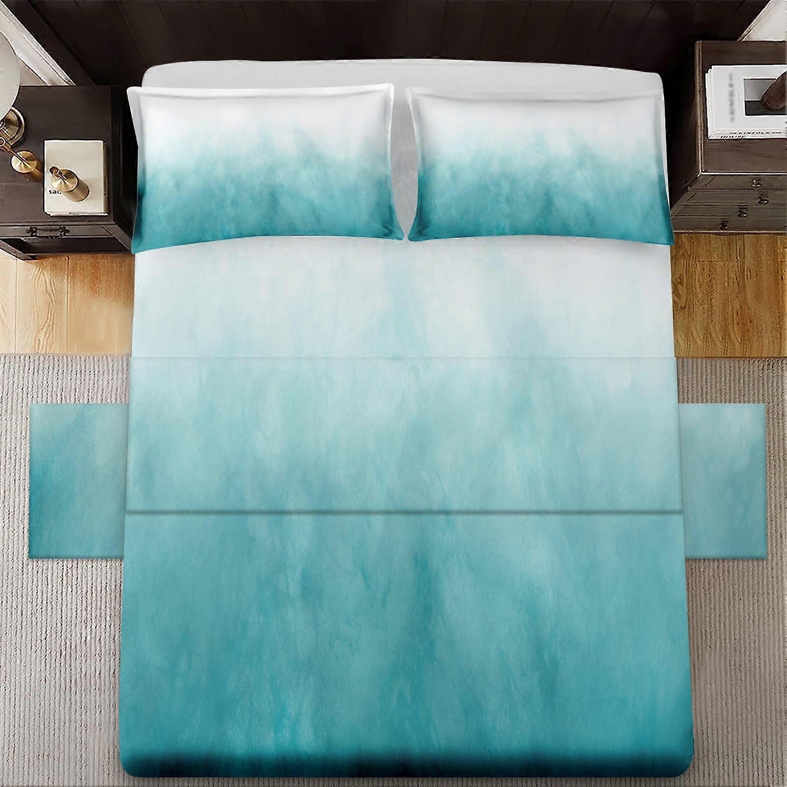 King Size Bedding Set with Turquoise Ocean Waves, Teal Abstract Pattern, 4 Pcs Fitted Sheet Set