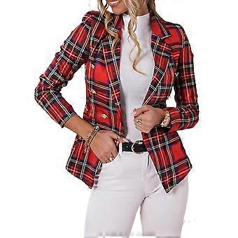 Womens Tartan Button Long Sleeve Blazer Ladies Stylish Slim Fit Coat Jacket Suit