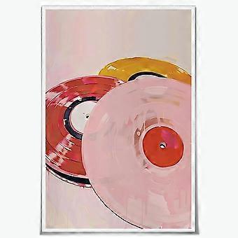 Quebra-cabeças de madeira em formato de disco de vinil, com cores laranja e vermelho, estilo retrô. Modelo UE2604.