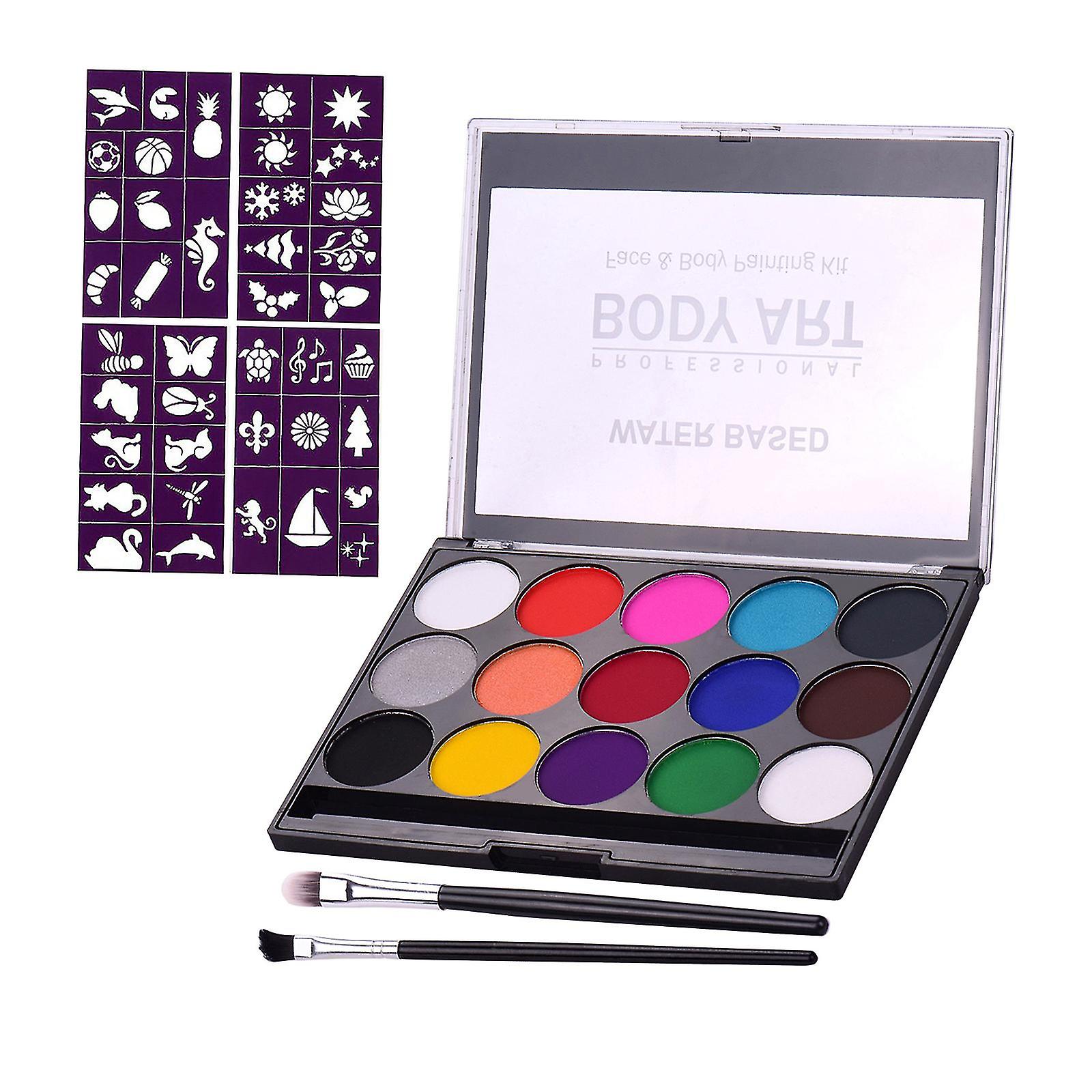 Art Face Painting Kit Based Removable Paints 15 Colors Palette With 2 Paintbrushes And 4 Templates For Costume