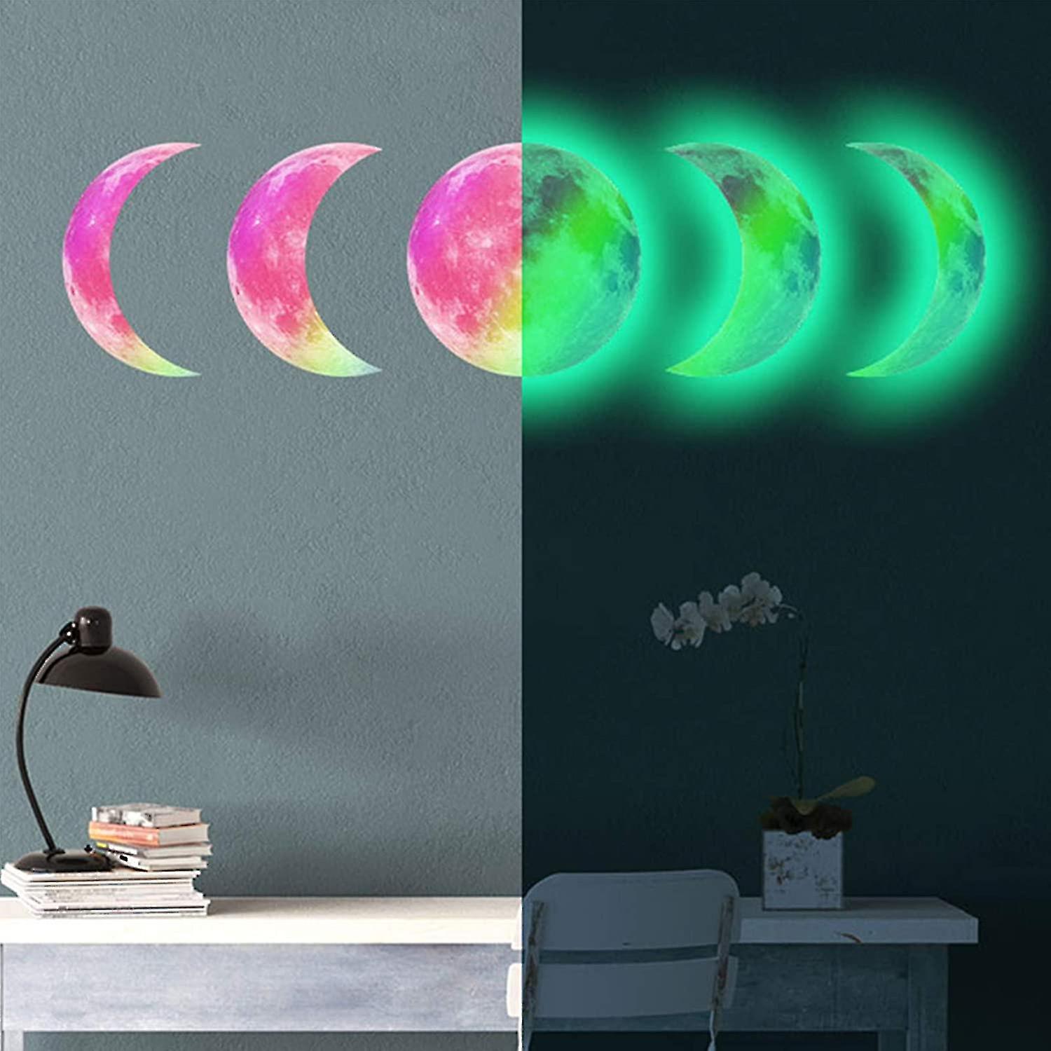5pcs Glow In The Dark Wall Ceiling Moon Phase 30cm Sticker, Decal Stickers For Lunar Phase