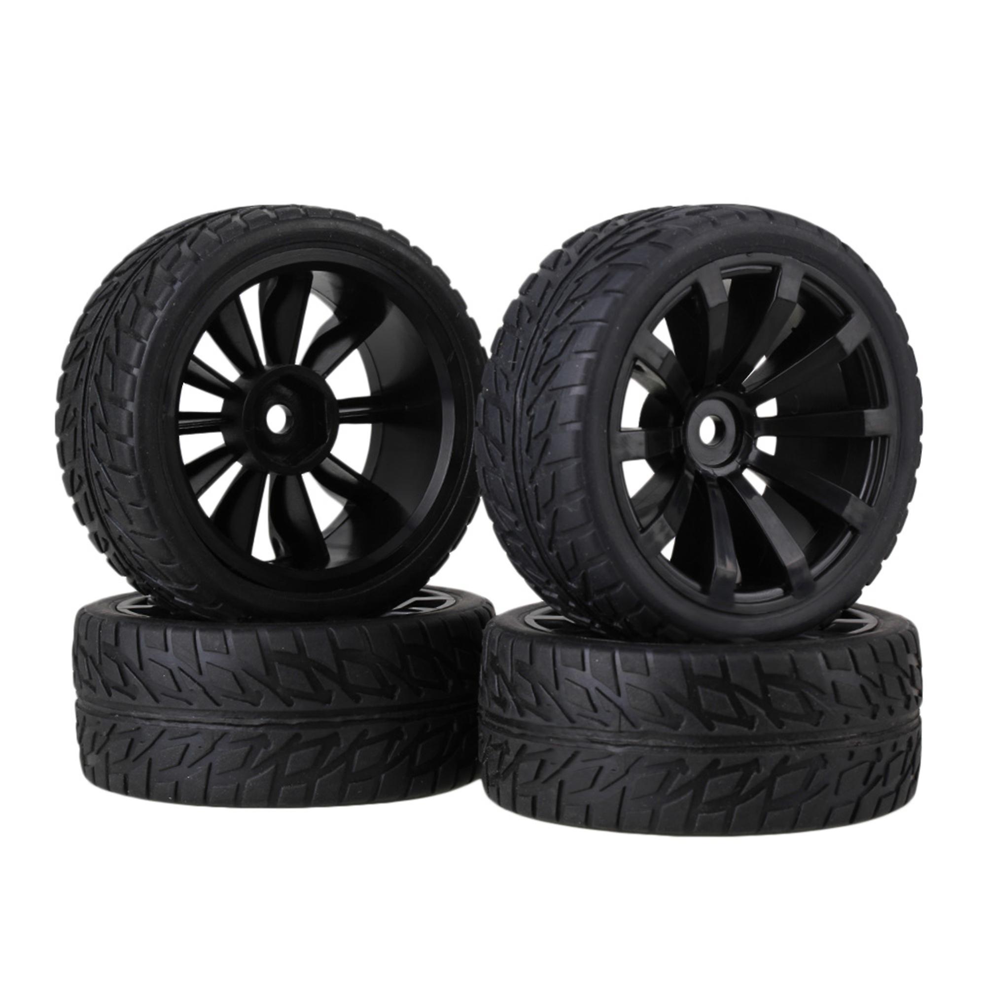 RC1:10 On Road Car Flame Pattern Rubber Tyre Plastic10 Spoke Wheel Rim Sets of 4