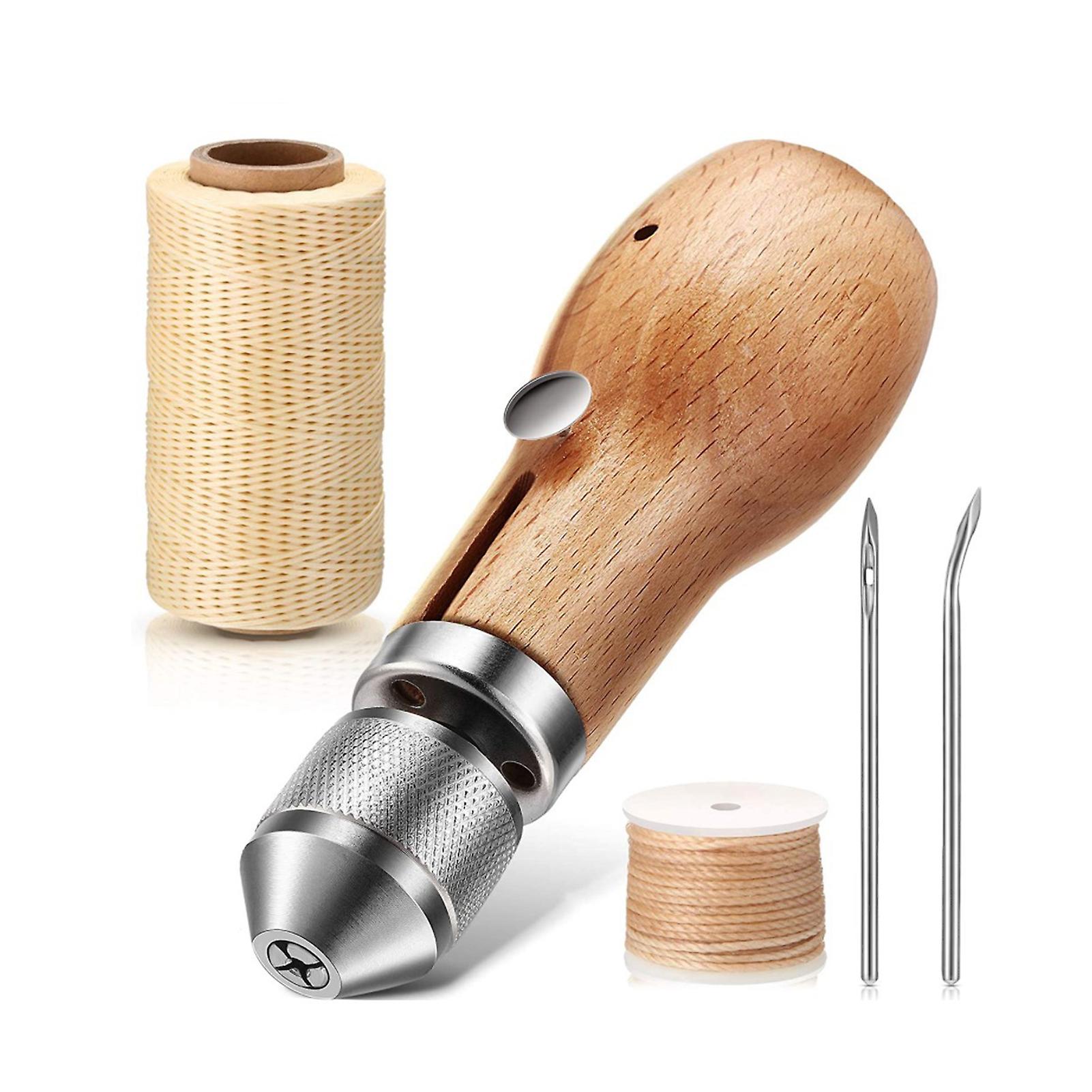 Leather Sewing Kit with 2 Needles Manual Stitcher with Wooden Handle Awl Needle Tool DIY Accessory