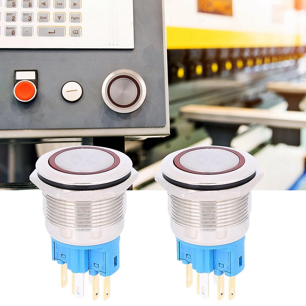 2Pcs AC220V 22mm Stainless Steel Ring Reset Button 6-Pin Push Button Switch ReplacementRed