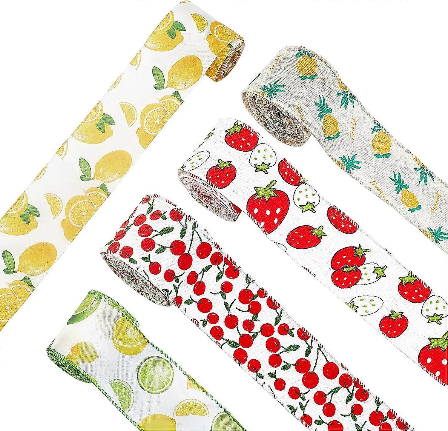 5 Rolls Single Face Ribbon 2-1/2" X 6 Yds Fruits Patterns Printed Ribbons Wired Edge Ribbons for Wrapping Hair Bows Packaging Party Patrick's Day Deco