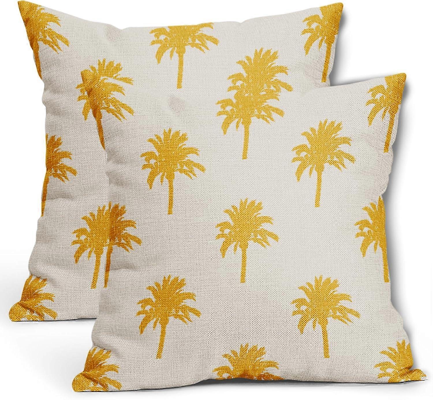 黄色のヤシの木の枕カバー18X18インチ熱帯のココナッツの木沿岸の植物装飾的な枕カバー2つの夏のレトロな綿のリネンスロー枕のセット