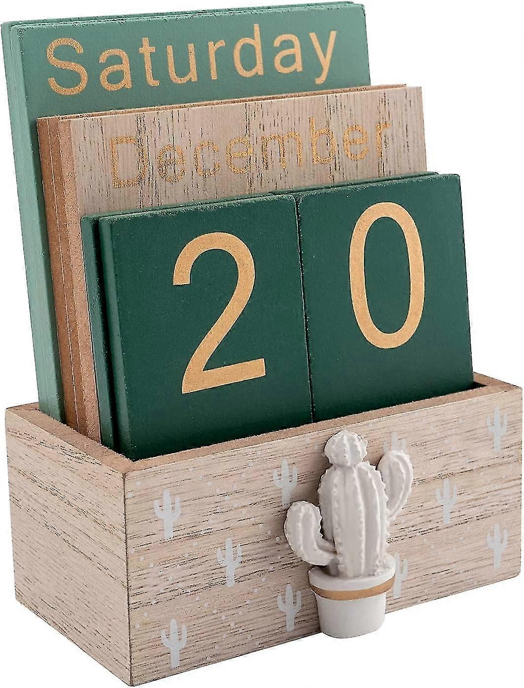 Perpetual Calendar, Wooden Calendar For Home Office Desk Accessories Vintage Wood Block Calendar(green)