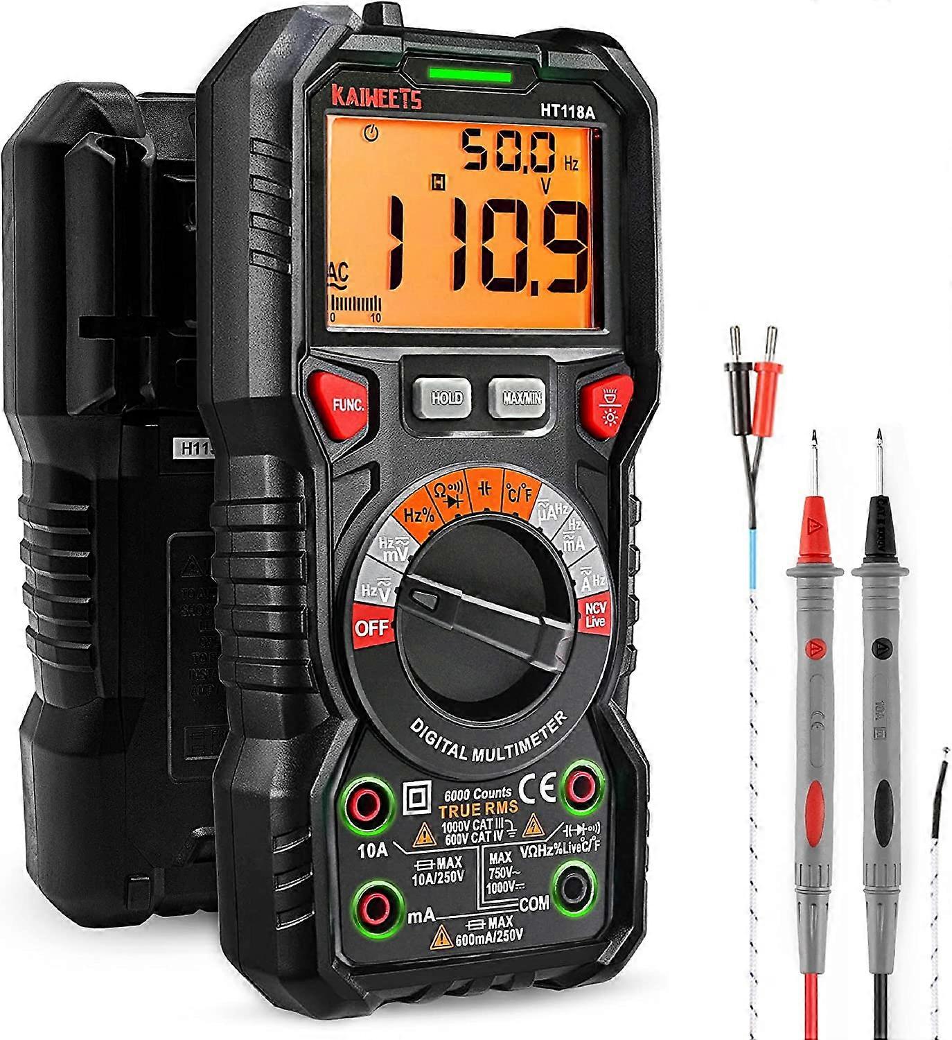 ZK-Digital Multimeter with LED Socket, Ammeter Cat III 1000V, CAT IV 600V True RMS Auto Range 6000 meters, measure voltage, capacitance, temperature, 