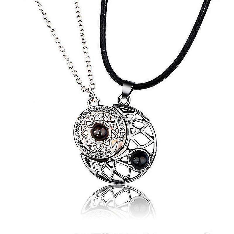 Newest Sun Moon Star Couple Necklace Magnets Attract Each Other Valentine's Day Pendant, Rose Gold
