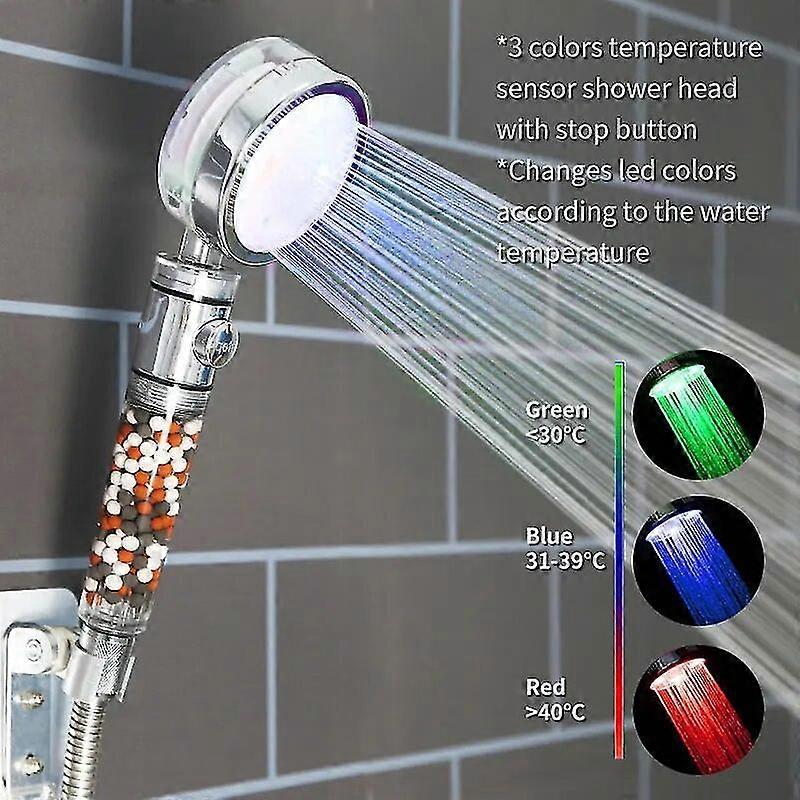 Exquisite Led Shower Head Filter Stop Button Spa Rain Temperature Sensor Negative Ion Round High Pressure Handheld Water Saving Shower