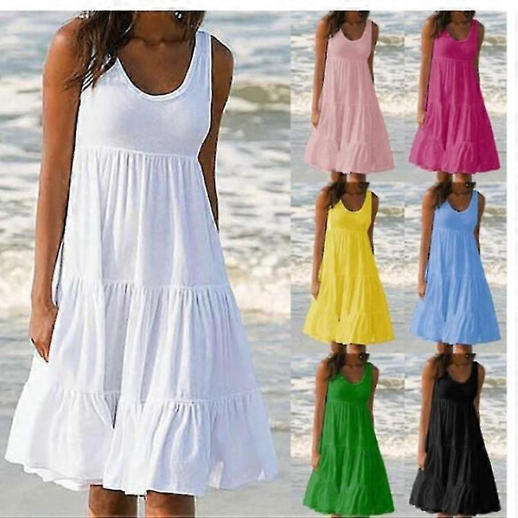 Bayan Kolsuz Fırfır Salıncak Tank Yelek Midi Elbise Katı Yuvarlak Boyunlu Rahat Gevşek Sundress