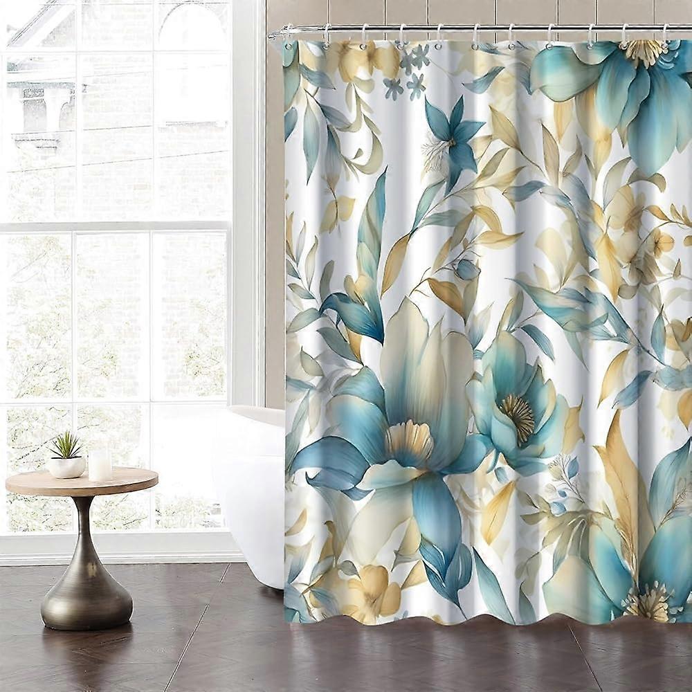 バスルーム用ティールブルーゴールドフローラルシャワーカーテン黄色の花自由奔放に生きる生地バスタブカーテンセット植物植物はバスの家の装飾防水SHを葉します