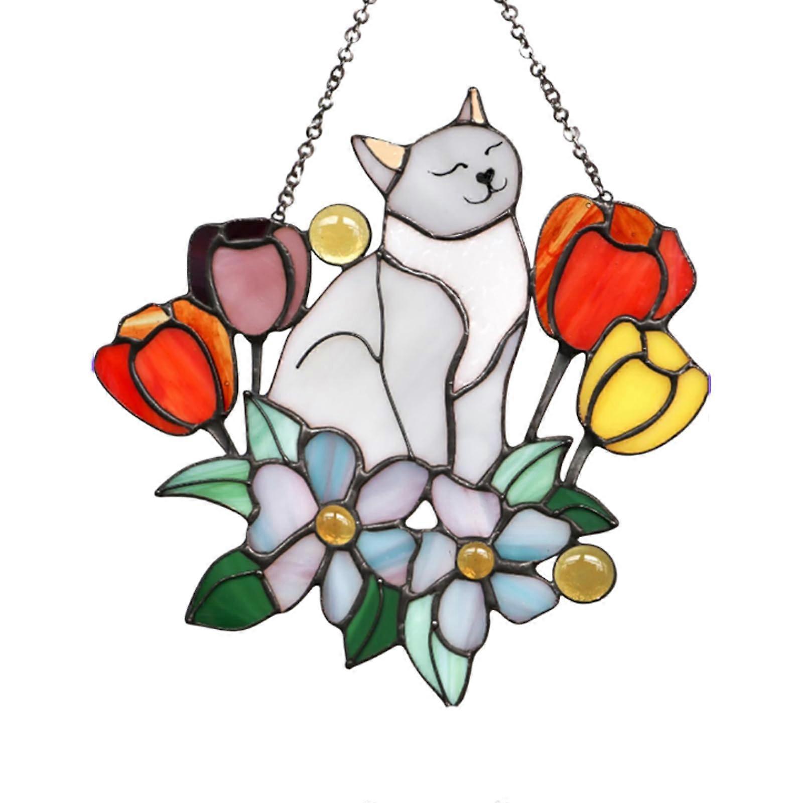 Kattsolfångare-dekor, kattsolfångare-dekor för kattälskare, handgjorda färgade fönsterbonader för katt på blomsterdekoration kattprydnad för uteplats,
