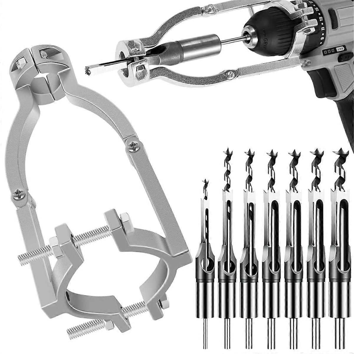 Square Hole Drill Bit Adapter with 7 Square Hole Drill Bit, Mortising Attachment for Hand Drill,Mortise and Tenon Tools