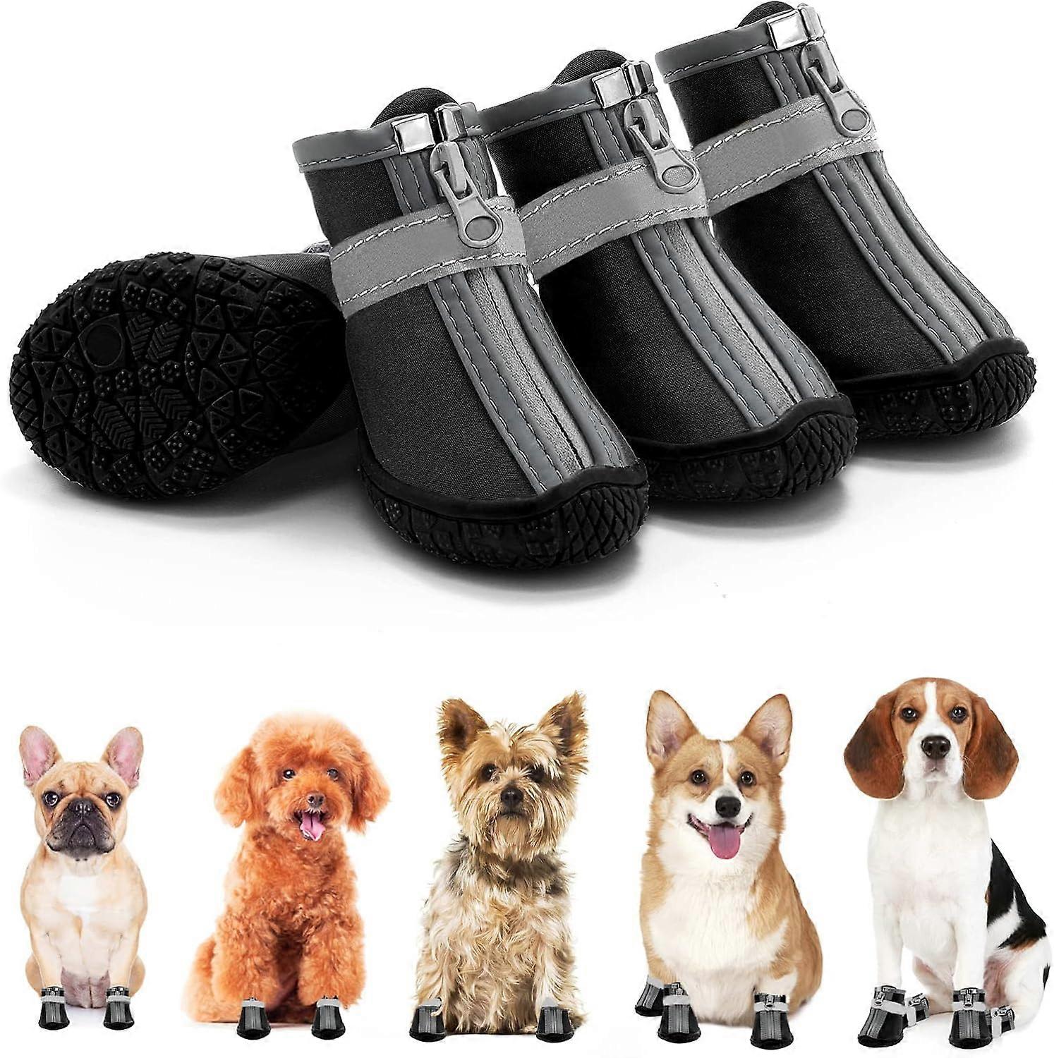 Dog Booties Paw Protector for Outdoor Walking with Reflective Strips Rugged Anti-Slip Sole for Pavement Winter Snow 4PCS Black width 1.29 inch
