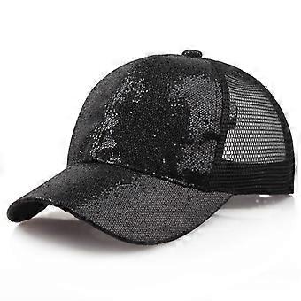 Ponytail Baseball Cap Sequins Shiny Messy Bun Snapback Hat (Black)