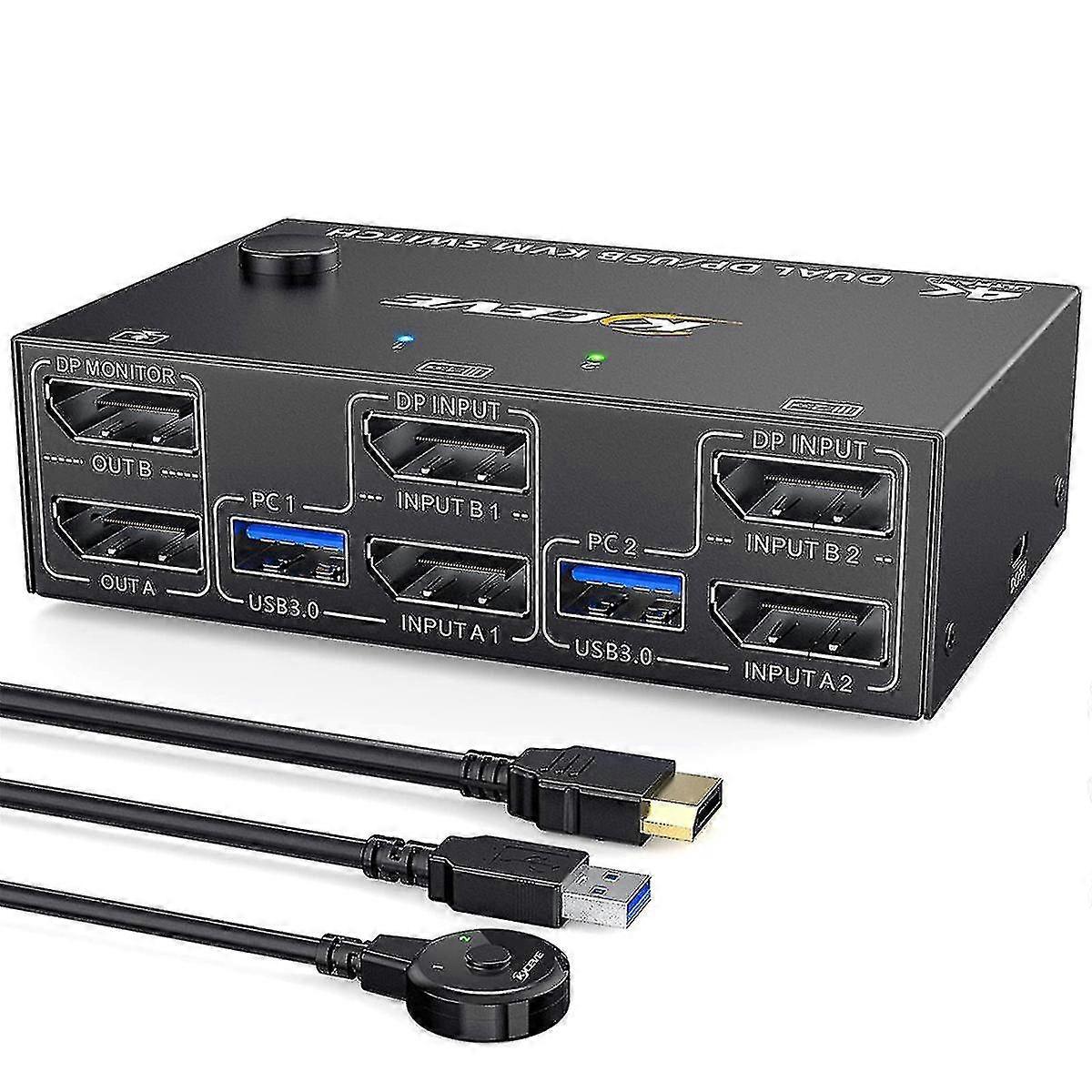 2024 KVM Anahtarı Çift Monitör DisplayPort, 2 Bilgisayar için 4 USB3.0, 2'si 2 Arada DP 1.4 KVM Anahtarı