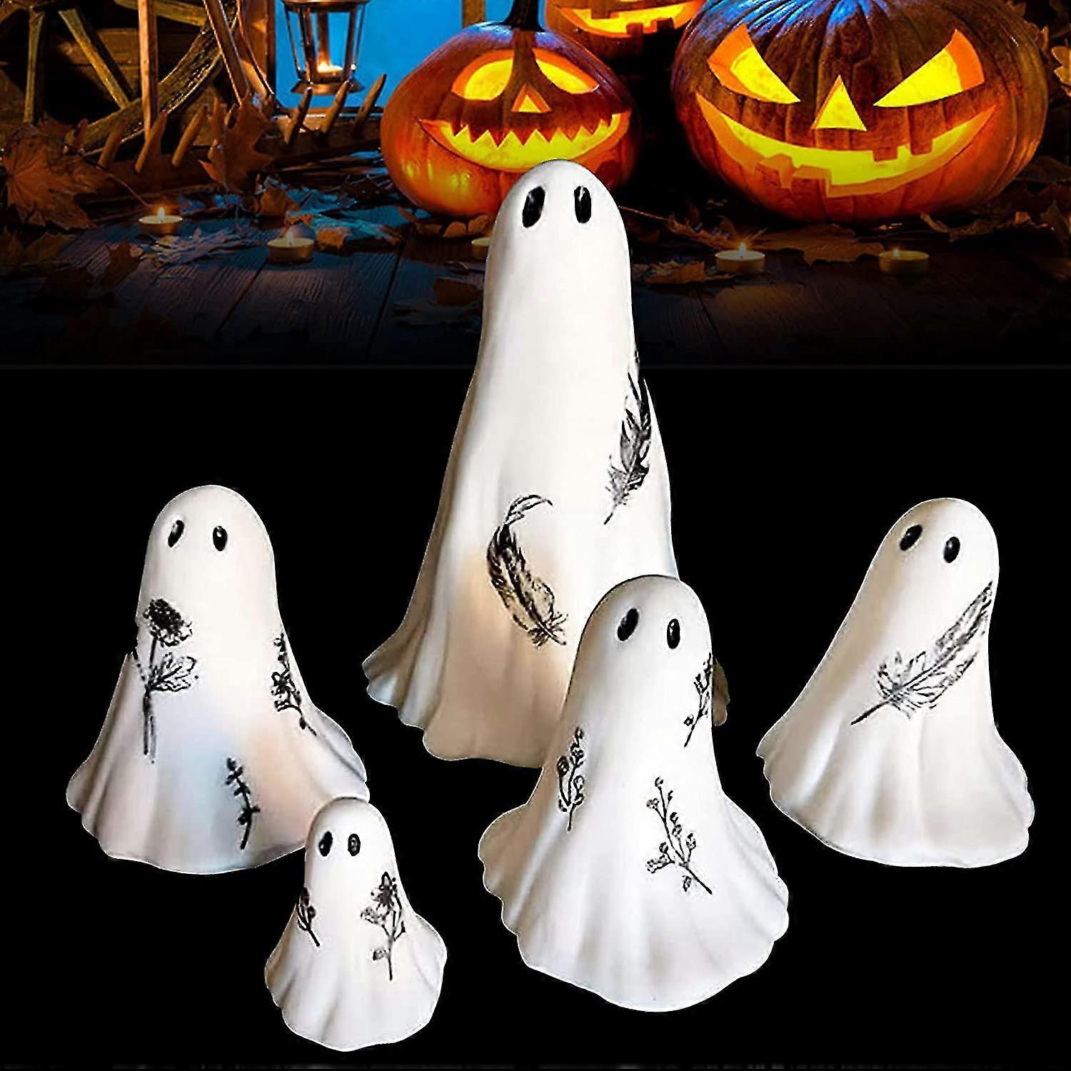 Cute Halloween Spooky Sculptures Set, White Spooky Statue Resin Ghost Sculptures Print Tabletop Decorations