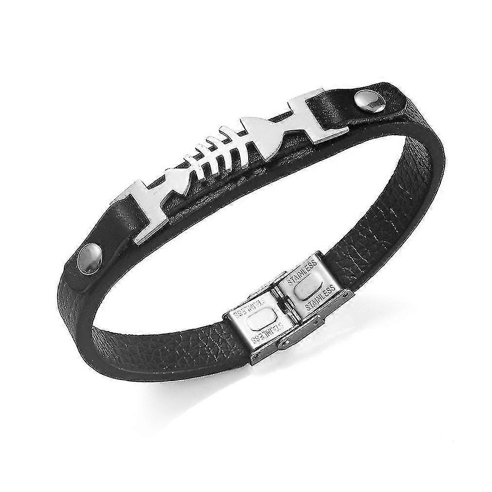 Classic Leather Bracelet With Stainless Steel Fishbone Pattern