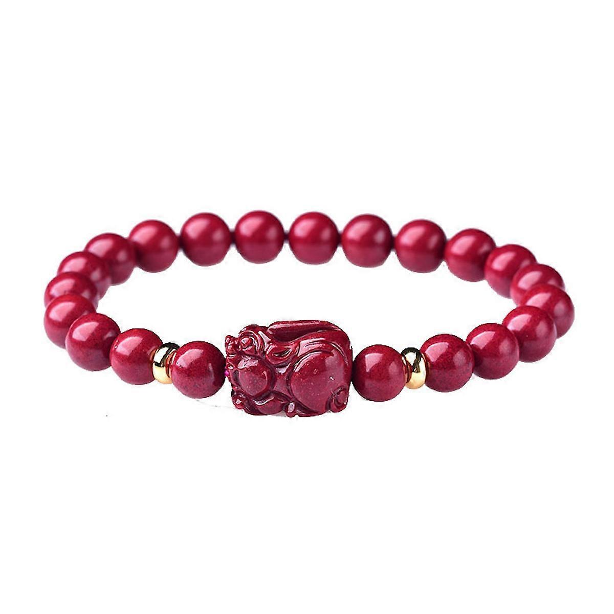 8mm Natrual Cinnabar Beads Bangle Lucky Bracelet with 1pc Pi Xiu for Zodiac Year of Birth