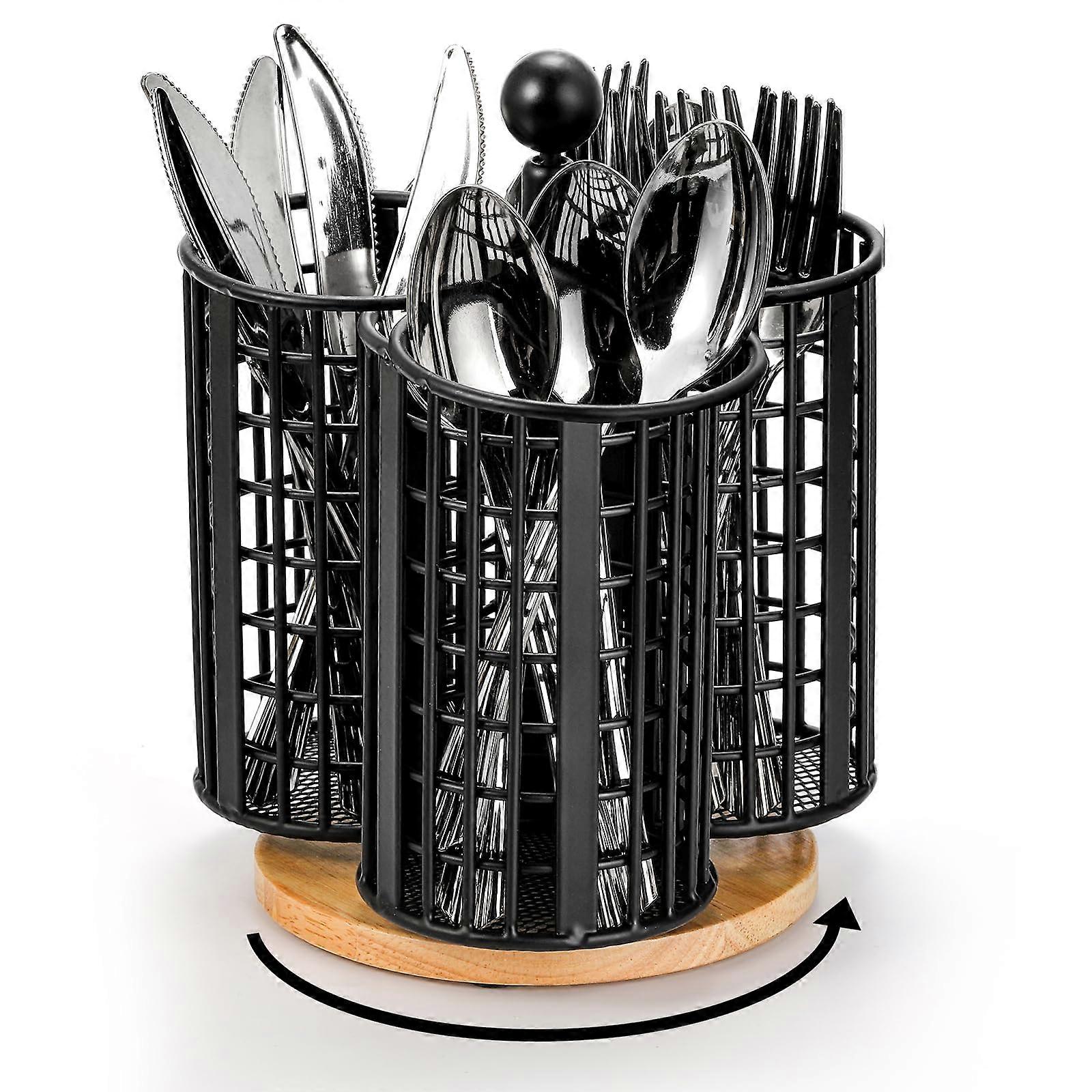Rotating Utensil Caddy 3-Section Silverware Cutlery Holder Flatware Organizer with Wood Base Countertop Utensil Holder