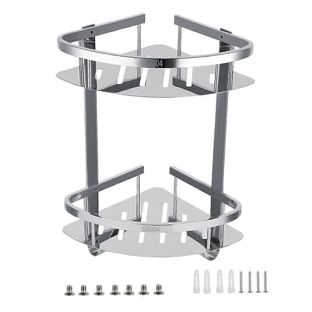 Stainless Steel 2-Tier Corner Storage Organizing Stand Shelf for Bathroom with 2 Hooks