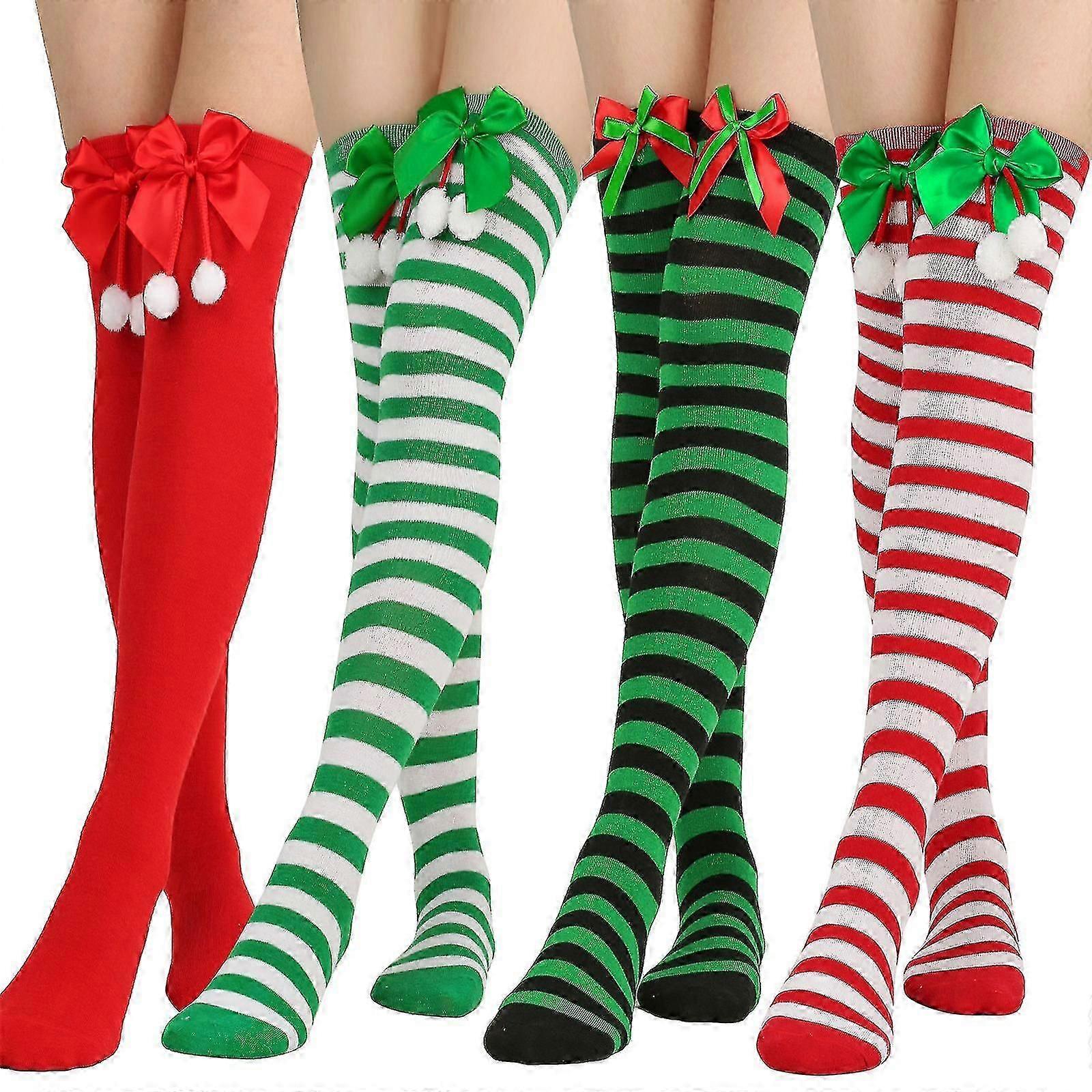 クリスマスストッキング/お祝いのストライプストッキング、ニーソックス、オーバーニーストッキング、ロングストライプソックス、レッグウォーマー、女性用太ももソックス4組、