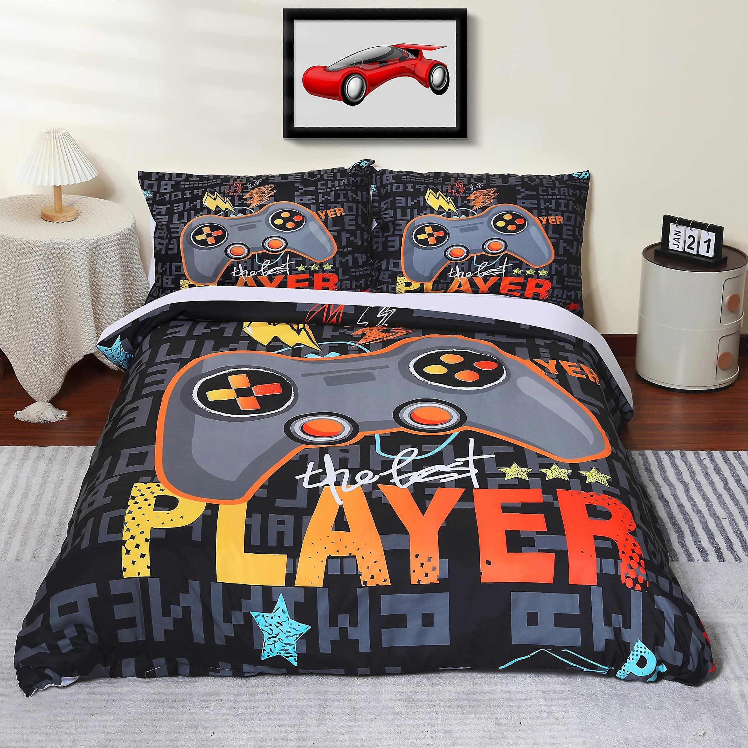 3 Piece Black Duvet Cover Gaming Bedding Set Full Size for Gamer Room Decor, Soft Microfiber Material, Stylish Design