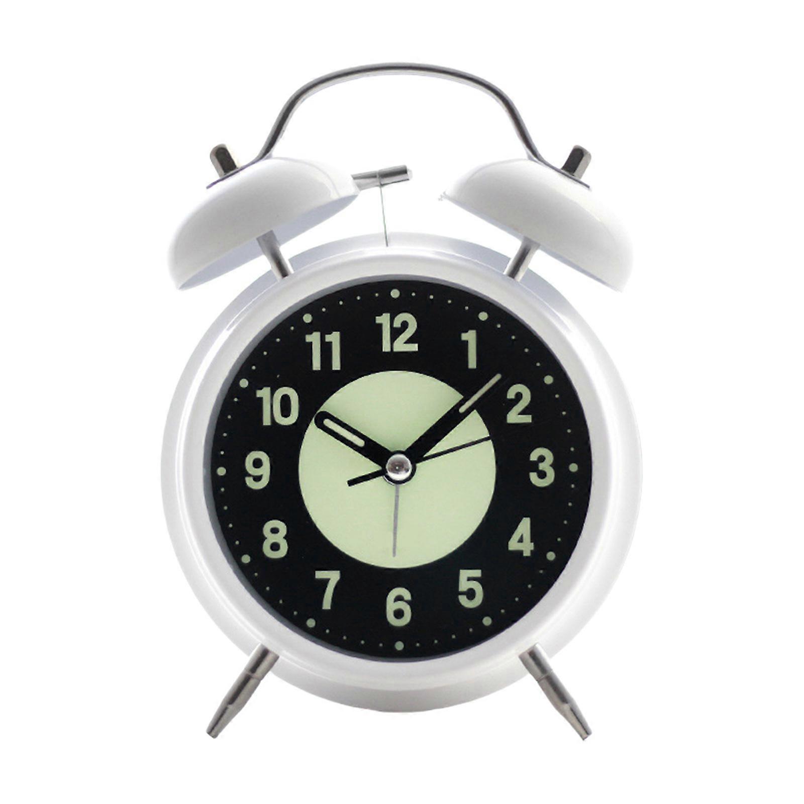 Twin Bells Bedroom Alarm Clock Large Green Glowing Dials Nightlight Feature Loud Wake Up Sound Desk Clock for Student  White