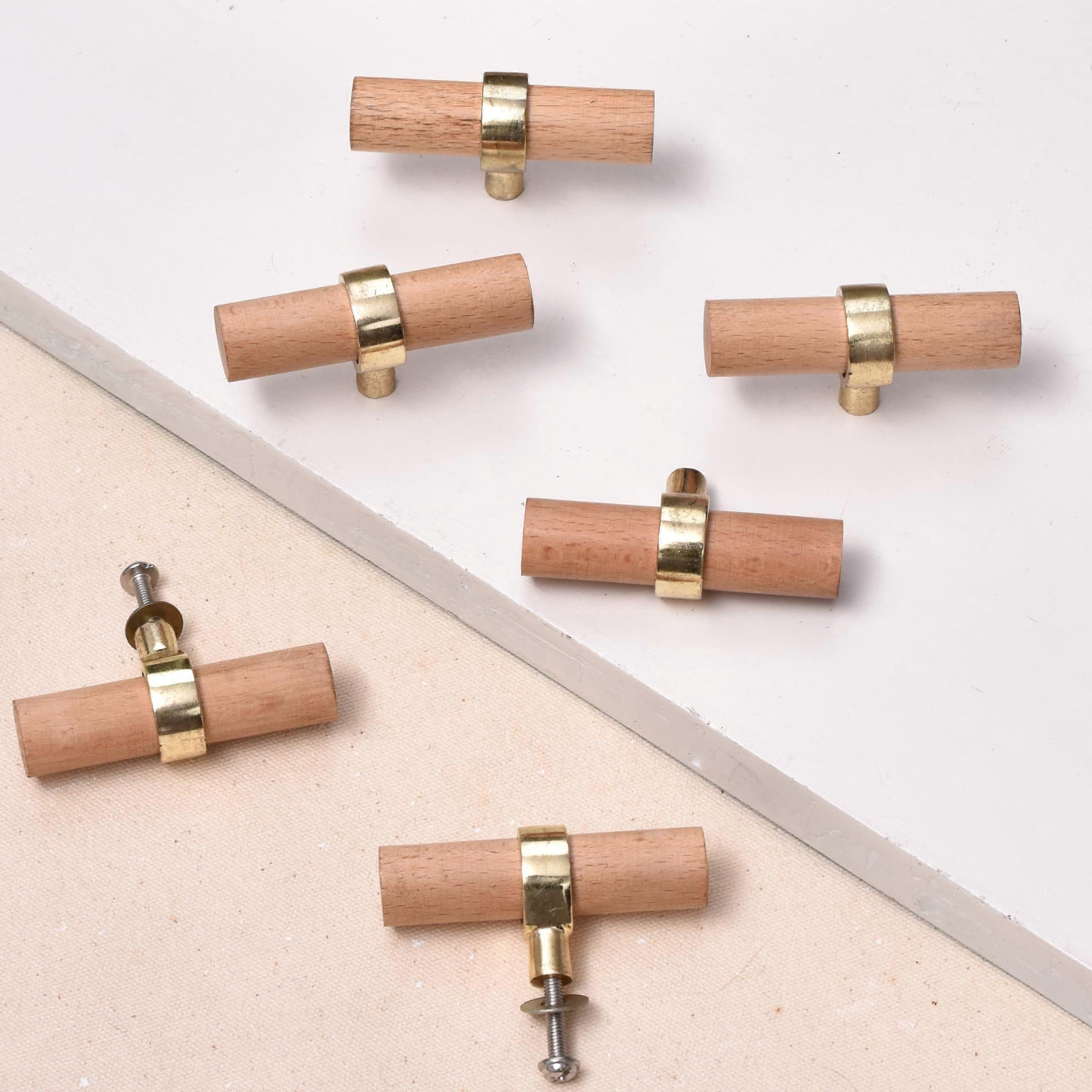 Adjustable 6 Pack Boho Wooden Knobs for Cabinets and Drawers, Unique Natural Wood Dresser Pulls, T-Bar Style