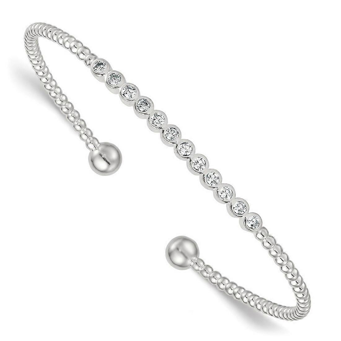 2mm 925 Sterling Silver Polished and Beaded Bezel Set Cubic Zirconia Bar Cuff Stackable Bangle Bracelet-Cuff-Bracelet fo