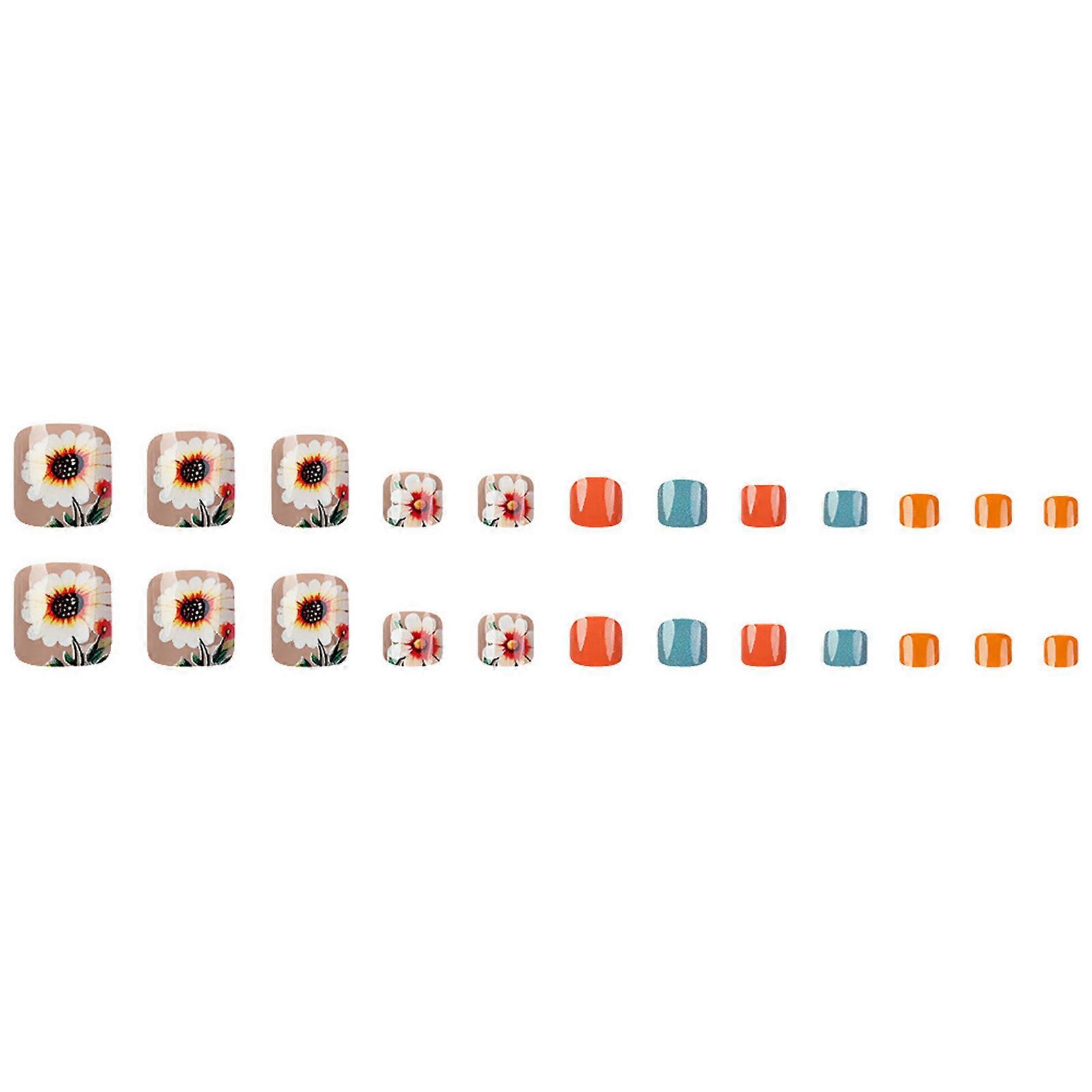 Colorful Press on Toenails with Flower Print Resin Material Zero Pressure on