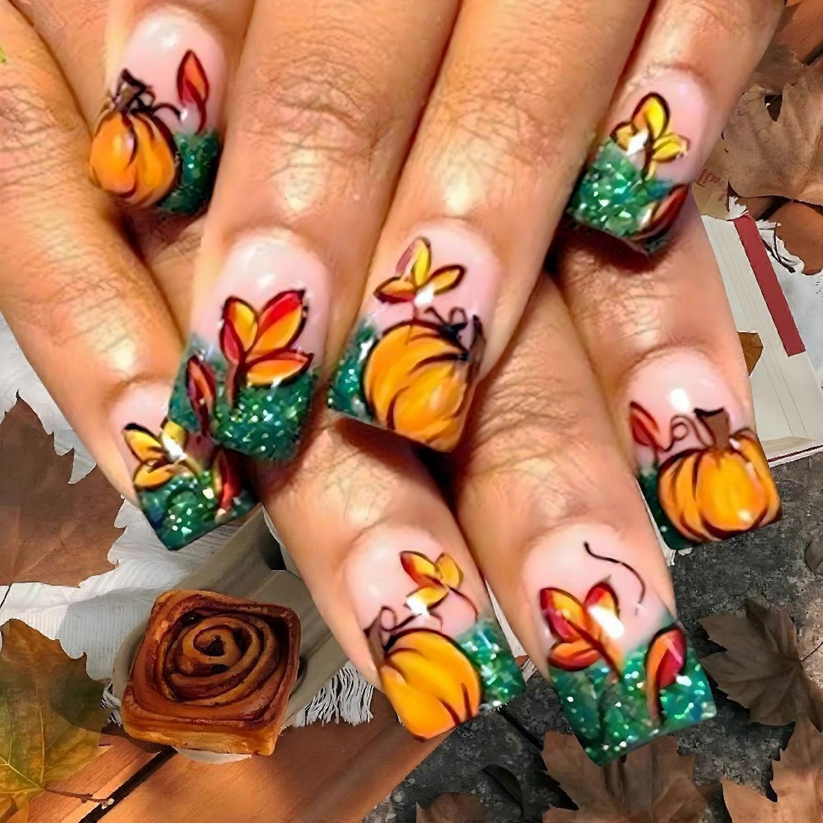 French Tip Press on Nails Short Square False Nails with Glossy Pumpkin Maple Leaf Artificial Nail Design Full Cover