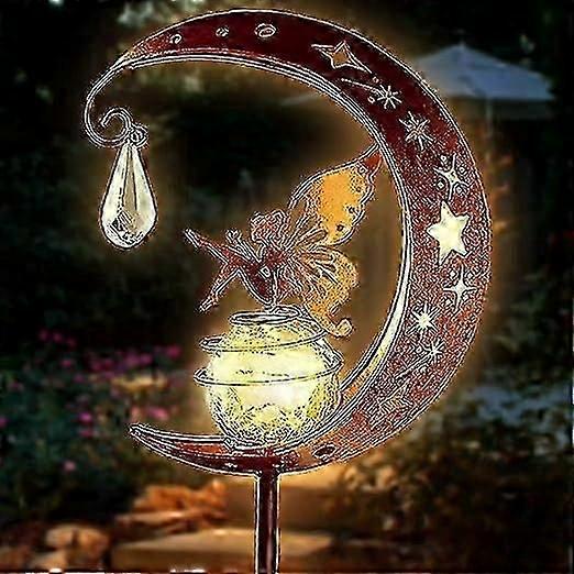 ソーラーガーデンオーナメント屋外妖精ソーラーライトムーンスターパチパチガラスボールステークメタルライトガーデンパス用装飾防水ウォームホワイトLED